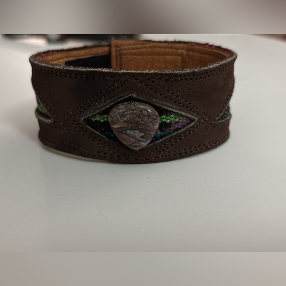 New Handcrafted Leather Genuine Stone Woven Accents Bracelet Adjustable Velcro